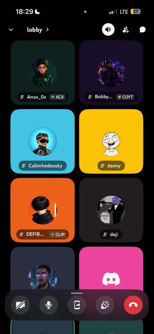 A mobile screenshot of a Discord "lobby" voice call showing six participants, including users with usernames like "Bobby..." (COYOT), "Callmedeosky," "dan," "DEFIB..." (CLIP), "deji," and a Discord logo guest, reflecting the active community vibe described in the caption.