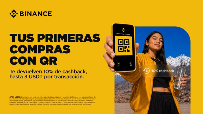 The image is a Binance promotional advertisement with a bright yellow background, featuring a woman holding up a smartphone displaying a QR code and a water bottle, with bold Spanish text reading "TUS PRIMERAS COMPRAS CON QR" (Your First Purchases with QR) and offering "10% cashback, hasta 3 USDT por transacción" (10% cashback, up to 3 USDT per transaction). The ad directly supports the accompanying post by promoting Binance's QR payment cashback offer for users in Bolivia, highlighting the 10% reward cap of 3 USDT per transaction.