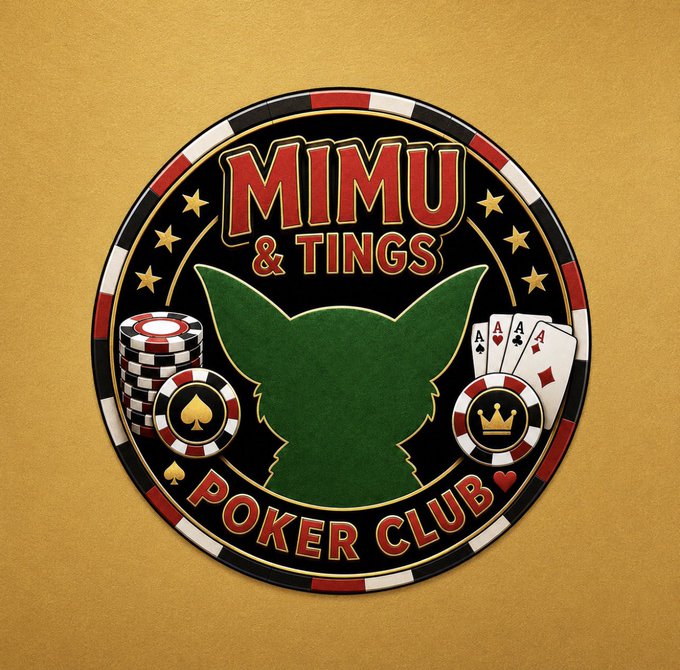 The image features a circular sign with a green cat's head, surrounded by various poker chips and playing cards. The text "MIMU & TINGS Poker Club" is written above the cat's head, indicating that this is an advertisement for a poker club or casino. The sign also includes the words "wen community poker..." and "soon MIMU", suggesting that the poker club is actively promoting itself to potential customers.

The image is set against a yellow background, which contrasts with the green of the cat's head and adds visual interest to the advertisement.