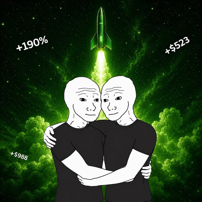 Wojak-style meme depicting two identical figures embracing beneath a green rocket launching into space, surrounded by text showing crypto gains: '+190%', '+$523', and '+$988'.