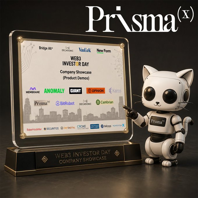 A promotional graphic for Prisma(x) Web3 Investor Day Company Showcase, featuring a white robot cat mascot beside a plaque displaying partner logos including Membrane, Anomaly, Giant, Opinion, Kairos, and BitRobot.