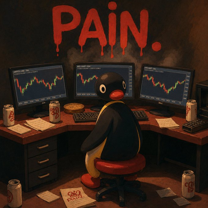 A dark illustration depicting a Pingu-like penguin character sitting at a desk with multiple monitors showing stock/crypto charts, surrounded by energy drink cans, with the word 'PAIN.' written in dripping red letters on the wall.