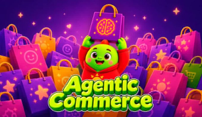 A colorful 3D animated graphic featuring a green character holding a purple shopping bag, surrounded by other colorful bags, with the text 'Agentic Commerce' prominently displayed.