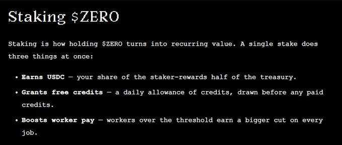 The image shows an error message that says "correction $ZERO utility earn staker rewards (half of treasury which itself is 35% of trading fees) daily free credits if you are a worker and a staker both, staking will get you a bigger cut of the revenue". The context behind this error suggests it might be related to an advertisement that states "staking $ZERO utility earn staker rewards (half of treasury which itself is 35% of trading fees) daily free credits if you are a worker and a staker both, staking will get you a bigger cut of the revenue". The error message indicates that there might be something wrong with the terms related to staking or their usage.