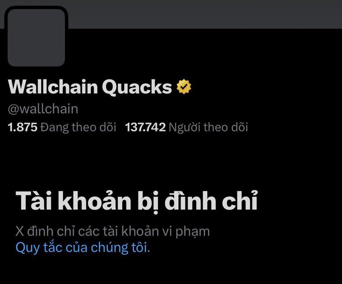 The image shows a dark background with a photo of a post. The post features a logo for Wallchain Quacks, which includes an avatar representing a duck. A yellow button with a smiley face is also present on the post. In addition, the post mentions that there are 1,875 Daân Daât thì trong dực vâu có nhãy dùng tâi bắt khõn bi chung tôi @wallchain Còn đâu.