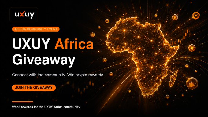 A promotional banner for 'UXUY Africa Giveaway' as an Africa community event, featuring a glowing orange map of Africa and a 'JOIN THE GIVEAWAY' button.
