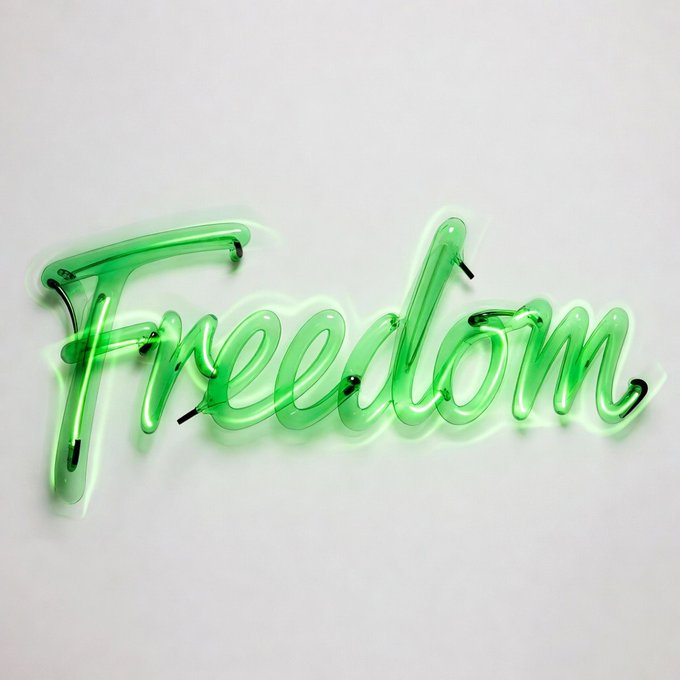 A glowing green neon sign displays the cursive word "Freedom" mounted on a white wall, with the soft green light illuminating the surrounding space in a stylized, artistic manner.