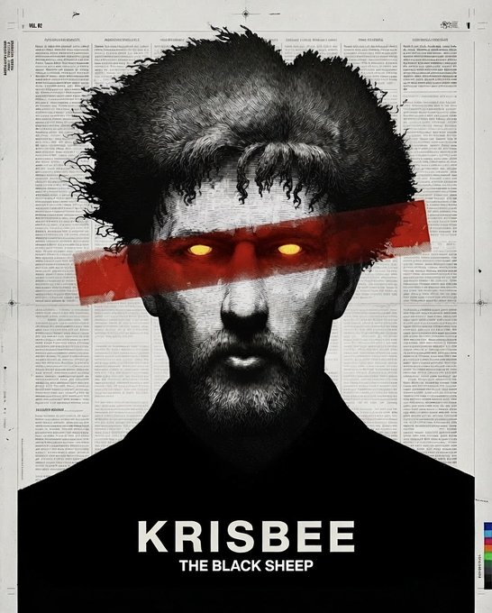 A stylized poster shows a black-and-white portrait of a man with messy hair and glowing yellow eyes covered by a red bar, titled 'KRISBEE THE BLACK SHEEP' against a newspaper-text background.