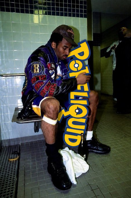 A man wearing a purple and black bomber jacket sits in what appears to be a bathroom stall, holding a large yellow 'Patrick Liquid' sign, with a beer bottle beside him.