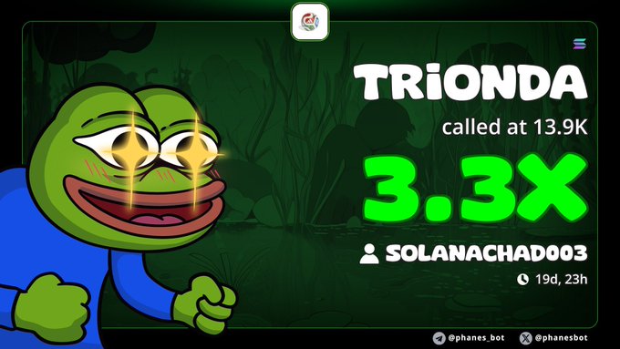A cartoon frog, wearing a blue shirt, appears to be smiling for the camera as if he has just made an announcement about something significant. The text on the image reads "3x profits on my alpha call on $TRIONDA Ca" and "Solana chat". It seems that the frog is promoting Solana chat or possibly an event related to it.