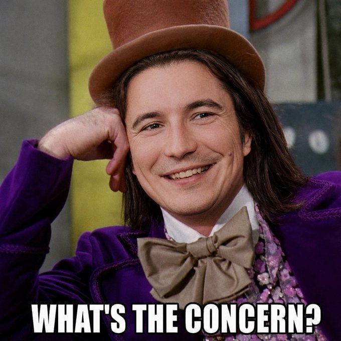 The image shows a smiling man in a purple velvet coat and brown top hat, resembling Willy Wonka, with the text "WHAT'S THE CONCERN?" overlaid at the bottom, humorously suggesting dismissiveness or mockery toward a concern raised in the post.