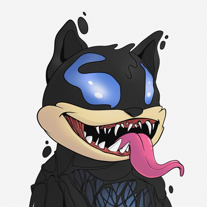A menacing cartoon fox-like character with sharp fangs, a lolling pink tongue, and glowing blue eyes dominates the image, its dark fur dripping with stylized liquid. The illustration serves as striking artwork for the upcoming Pawffle NFT mint on Robinhood, embodying the "culture-driven" IP aesthetic with its bold, edgy visual style.