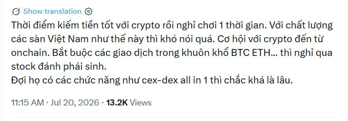 A Vietnamese social media post dated Jul 20, 2026 with 13.2K views discusses cryptocurrency, Vietnamese exchanges, BTC ETH, and stock derivatives.