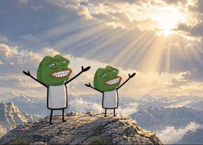 Two cartoonish green frog faces, styled like the "SpongeBob" meme, stand triumphantly with arms raised against a dramatic mountain sunset landscape.