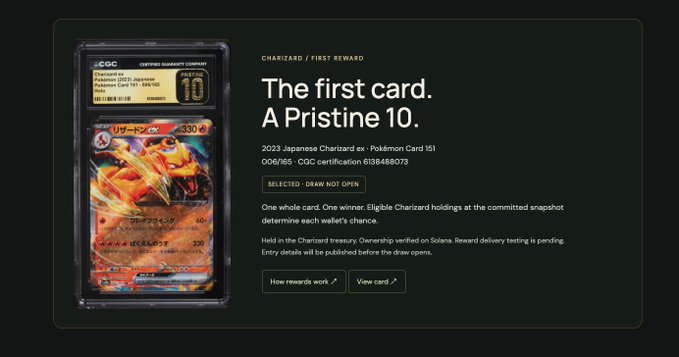 A product page displays a graded 2023 Japanese Charizard ex Pokémon Card in a CGC slab with a Pristine 10 rating, titled 'The first card. A Pristine 10.' for collection Charizard with 'SELECTED - DRAW NOT OPEN' status.