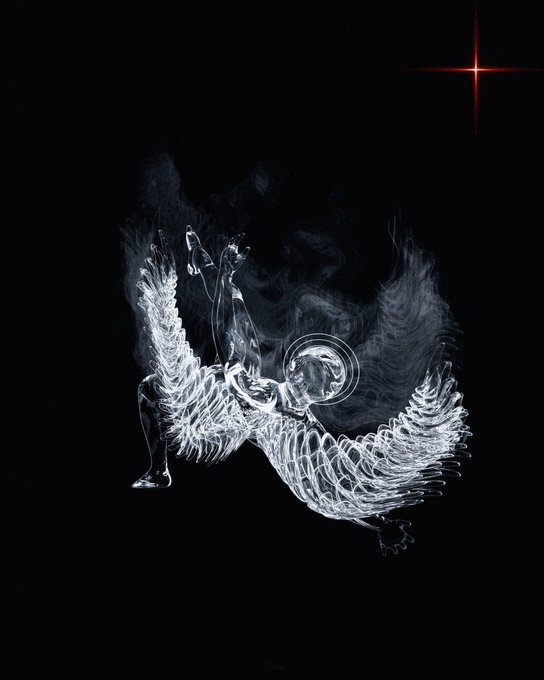 A digital illustration of a translucent, skeletal figure with wing-like extensions floating against a black background with a red star.