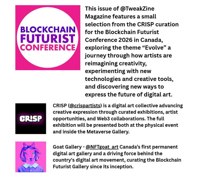 An informational graphic about the Blockchain Futurist Conference 2026 in Canada, featuring the CRISP digital art collective and Goat Gallery (@NFTgoat_art), Canada's first permanent digital art gallery, exploring the theme 'Evolve' about reimagining creativity.