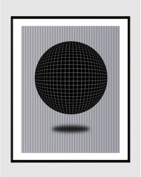 A framed black-and-white illustration of a wireframe sphere casting a shadow against a striped background.