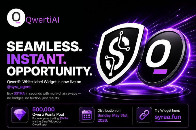 ersi-al logo and purple shield with white text promoting seamless, instant opportunities for users to buy SyraFun coins at a discounted price of 500,000 tokens.