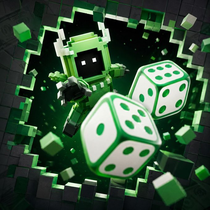A 3D rendering of a green blocky robot character bursting through a pixelated green wall alongside two large green dice.