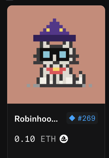 A pixel art NFT card depicting a wizard-like character wearing a purple hat and sunglasses, labeled "Robinhood...", priced at "0.10 ETH", and identified as "#269".