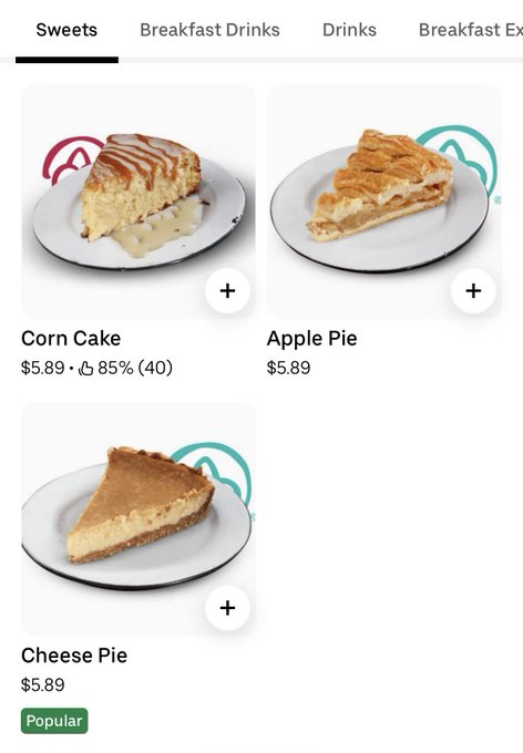 The image shows a screenshot of a mobile menu screen for an app named "Coincidence?". The screen displays various desserts along with their prices. The desserts include pie, ice cream cake, apple pie, and cheese pie. The text on the menu offers descriptions of each dessert. One of the desserts is a slice of pie that costs $5.89 as indicated by the cell phone's processing. This image seems to be related to the post because it appears to discuss the prices of these desserts or even be a review of the app named "Coincidence?". The overall atmosphere suggests a comparison between the prices and features of different dessert options on the app, with the most popular option being cheese pie for $5.89.