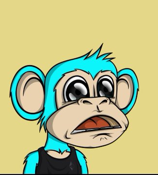 Cartoon illustration of a sad-looking blue Bored Ape-style monkey with large eyes wearing a black tank top against a pale yellow background.