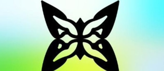 A black symmetrical mask-like or butterfly-shaped logo on a gradient background fading from blue at the top to green and yellow at the bottom.