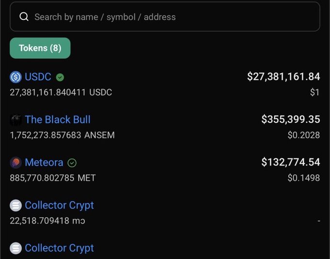 A cryptocurrency wallet portfolio showing 8 tokens, with notable holdings of $27.3M USDC, $355K worth of ANSEM ("The Black Bull"), and $132K in Meteora (MET), suggesting the anonymous trader "GCR" may be behind the wallet due to the significant ANSEM memecoin position referenced in the post.