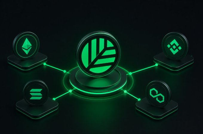 A digital illustration showing a central green cryptocurrency coin connected via glowing lines to four surrounding coin icons representing Ethereum, Solana, Binance, and Polygon.