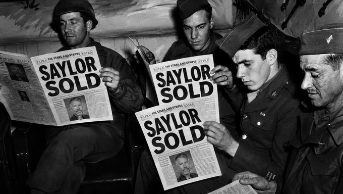 The image shows a group of men sitting around each other, all holding newspapers with the headline "Saylor sold". They appear to be reading or discussing the news together. The text in the image suggests that they might have been discussing an article about a person named Saylor who was sold during wartime. It is likely that these men are soldiers and were sharing information about the sale of Saylor, possibly as part of their daily routine or conversation while on duty.

The post also mentions that "the lie, holders died". This could be a reference to an event related to the Saylor sale, such as a story or legend involving the sale of Saylor and the people who bought him. The image captures a moment in time where these men are engaged with the news and possibly discussing the historical context behind it.