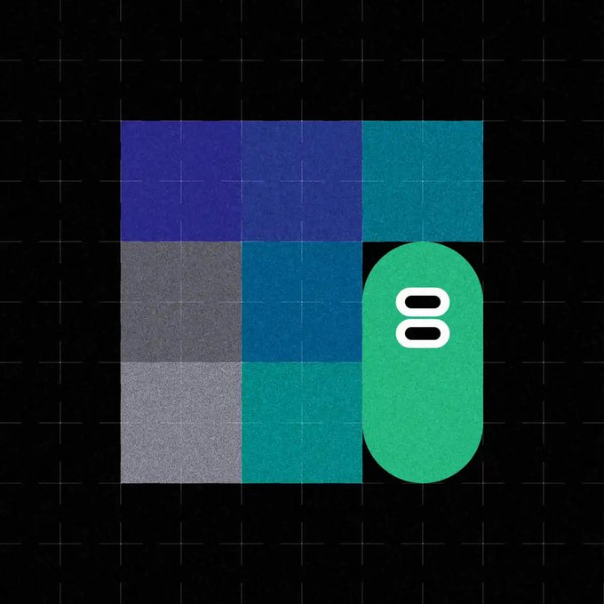 A minimalist graphic design features a 3x3 grid of textured colored squares in blue, grey, and teal tones on a black background, with a green pill-shaped badge containing the white number "8".
