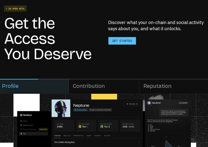 A dark-themed website called 'Nucleus' with the headline 'Get the Access You Deserve' showing a ZK Identity dashboard in beta, featuring user profiles 'Neptune' and 'Neutron' with on-chain analytics.