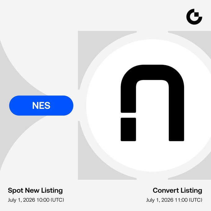 Gate exchange listing announcement for $NES, showing a spot new listing on July 1, 2026 at 10:00 (UTC) and convert listing at 11:00 (UTC), with the project's horseshoe logo prominently displayed alongside the blue "NES" ticker badge.