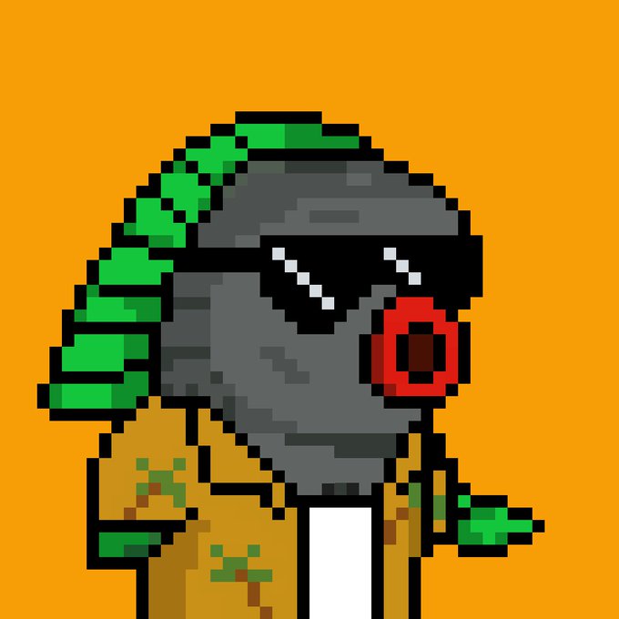 A pixel art illustration features a robotic or armored figure with a gray helmet, green mohawk-like spikes, and a red glowing eye against an orange background. The image likely represents an NFT character being celebrated for a birthday within the SuiNetwork community.