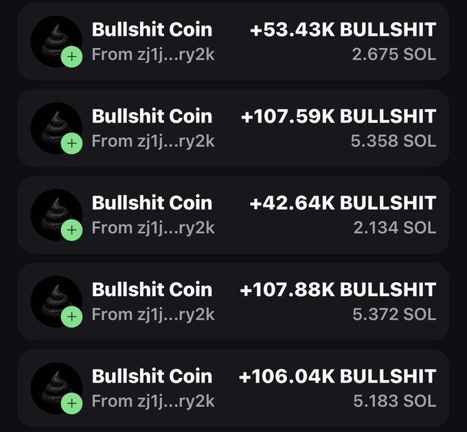 A series of repeated purchases of "Bullshit Coin" ($BULLSHIT) from address zj1j...ry2k, totaling over 20 SOL spent across 5 transactions ranging from 2.134 to 5.372 SOL each, visually reinforcing the poster's humorous enthusiasm for continuing to buy the memecoin despite dismissing the price as "bullshit."