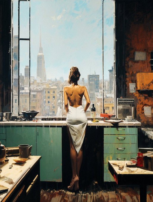 A painterly artwork of a woman in a white dress standing with her back to the viewer, looking out a large window at a cityscape featuring the Empire State Building.