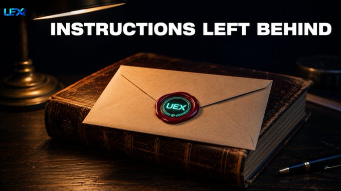 A promotional graphic titled 'INSTRUCTIONS LEFT BEHIND' features a sealed envelope with a red 'UEX' wax stamp resting on a leather-bound book beside a lamp and pen.