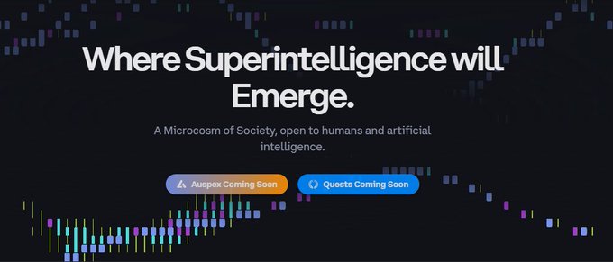 The image features a dark promotional banner titled "Where Superintelligence will Emerge," describing "A Microcosm of Society, open to humans and artificial intelligence," with two "Coming Soon" buttons for "Auspex" and "Quests."

The banner aligns with the post's announcement of V2's launch, highlighting Acepyr's expansion beyond predictions into measurable signals through new markets, reflecting the platform's next evolution.