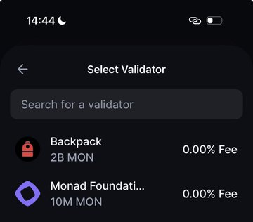 The image shows a "Select Validator" screen displaying two staking options: Backpack with 2B MON at 0.00% fee, and Monad Foundation with 10M MON at 0.00% fee. The screenshot illustrates the post's point about Backpack's zero-fee validator model on Monad, highlighting the "2B" MON backing as a reason to switch from fee-extracting wallets like Phantom.