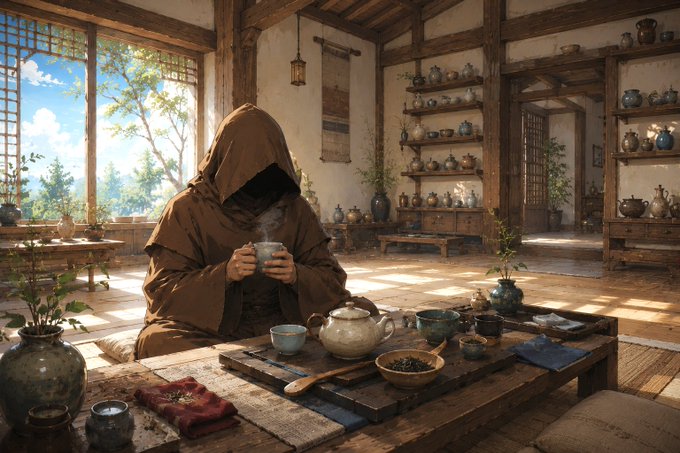A hooded figure in a brown robe sits in a traditional East Asian wooden room filled with ceramic teapots and pottery, drinking from a small steaming cup at a low table with a tea set.