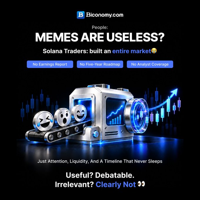 A promotional graphic from Biconomy.com with the headline 'MEMES ARE USELESS? Solana Traders: built an entire market 😭' featuring a 3D illustration of meme coins on a conveyor belt.