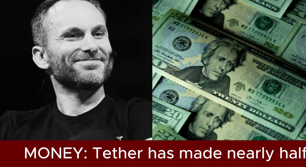 In this image, there are two pictures side by side: a black and white photo of a smiling man's face and a grayscale photo showcasing many green US dollar bills stacked on top of each other. The title "Money" is prominently displayed at the bottom of the image, while the phrase "Tether has made nearly half a billion dollars through fees in the last month..." highlights a recent news article about Tether's substantial earnings from asset yields backed by USDT investments.