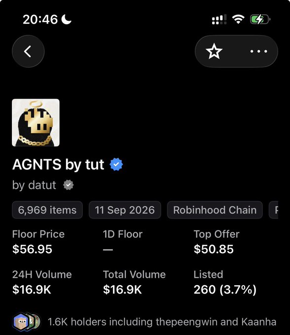 A screenshot of a mobile interface for an NFT collection called "AGNTS by tut" by datut on the Robinhood Chain, showing a floor price of $56.95, total volume of $16.9K, and 1.6K holders.