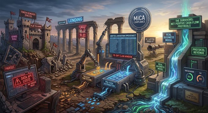 A stylized digital illustration depicts a landscape with fantasy castle towers and ancient ruins on the left, contrasted with futuristic industrial machinery, glowing blue energy streams, and scattered monitors on the right. Various signs and screens display text including 'MICA COMPLIANCE', 'LENDING', 'PRO-RATA DISTRIBUTION', 'REAL BUSINESS MODEL', and 'PROTOCOL REVENUE'.