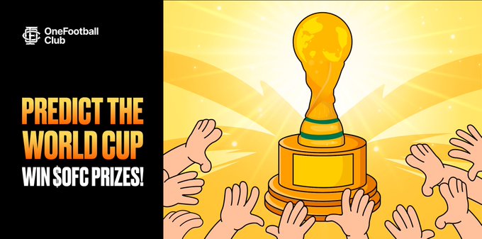 The image features a poster for a soccer club's World Cup event. The poster includes a golden trophy, which is the main focus of the design. Surrounding the trophy are numerous hands reaching out towards it, symbolizing support or participation in the competition. The text on the poster announces that the club has won the May prize pool and offers a chance to win 250,000 OFFC rewards by predicting the World Cup correctly.