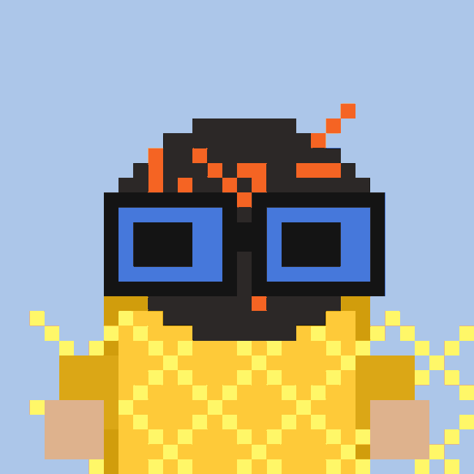 A pixel art image depicts a character with a black head, blue square glasses, and a yellow shirt, surrounded by yellow pixelated effects against a blue background.