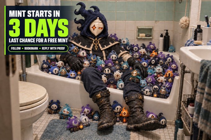 A character in a dark hooded robe sits in a bathtub overflowing with small hooded plush toys. Text overlay reads: 'MINT STARTS IN 3 DAYS, LAST CHANCE FOR A FREE MINT, FOLLOW + BOOKMARK + REPLY WITH PROOF.'