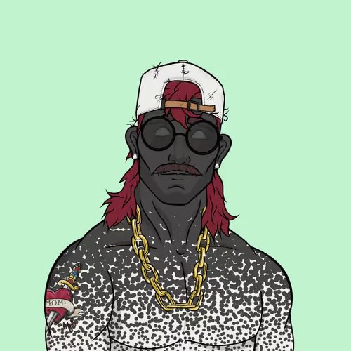 A digital illustration depicts a dark-skinned figure with red dreadlocks, round sunglasses, a white backward cap, and a gold chain necklace over a black and white patterned shirt with a heart tattoo reading "MOM".