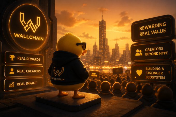 A promotional graphic featuring a duck mascot wearing sunglasses and a 'WALLCHAIN' hoodie on a pedestal, with text panels reading 'WALLCHAIN', 'REWARDING REAL VALUE', 'CREATORS BEYOND HYPE', 'BUILDING A STRONGER ECOSYSTEM', 'REAL REWARDS', 'REAL CREATORS', and 'REAL IMPACT' against a city skyline at sunset.